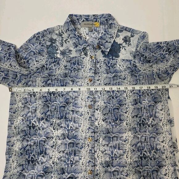 Anthropologie Fig & Flower Blue Boho Floral Blouse Roll Tab Sleeve Button Top PM - Picture 5 of 6